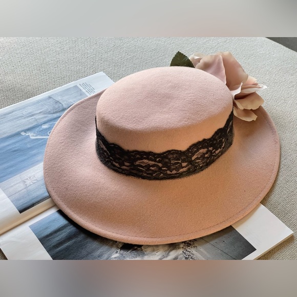 Elegant 100% Wool Wide Brim / Rose / Lace Hat In Dusty Rose-Royal/Derby/Church - Picture 14 of 14
